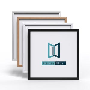 May include: Three picture frames in different colours: white, natural wood, and black. The frames are stacked on top of each other, with the black frame at the front. The black frame has the text "Frames Plus" in blue and teal.