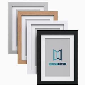May include: Four picture frames in different colours: silver, natural wood, white, and black. The frames are all the same size and have a simple, modern design. The black frame has the text "FramesPlus" in the centre.
