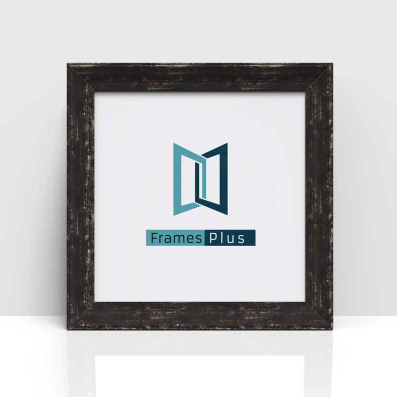May include: A black wood picture frame with a distressed finish. The frame has a white mount and a white background with a blue and black logo that says "FramesPlus".