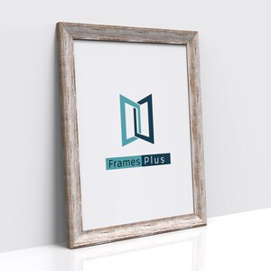 May include: A rustic wood picture frame with a white mount and a logo for Frames Plus. The logo is a stylized image of two overlapping windows in blue and teal.