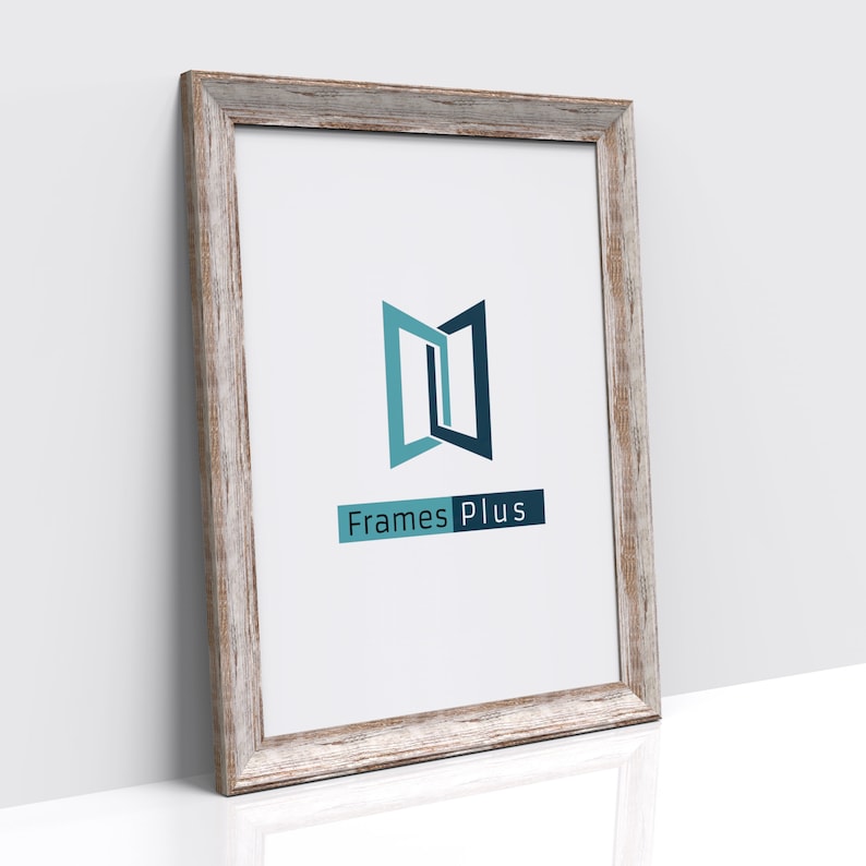 May include: A rustic wood picture frame with a white mount and a logo for Frames Plus. The logo is a stylized image of two overlapping windows in blue and teal.