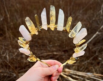 The Love Spell Witch Crystal Crown (Polished Ross Quartz Crown, Rose Quartz, Bridal, Princess, Cosplay, Queen, Bride, Wedding, Boho)