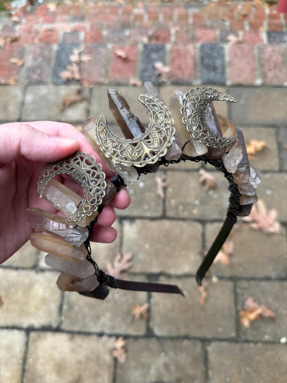 Smoky Quartz Crystal Witch Crown: Triple Goddess Bronze Moon  display picture 1