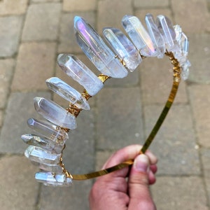 The Polished Angel Aura Quartz Witch Crystal Crown (Polished Angel Aura Quartz, Bridal, Princess, Cosplay, Queen, Bride, Wedding, Mermaid)