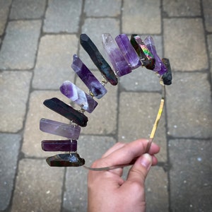 Amethyst and Black Quartz Crystal Tiara: Silver Headband Crown