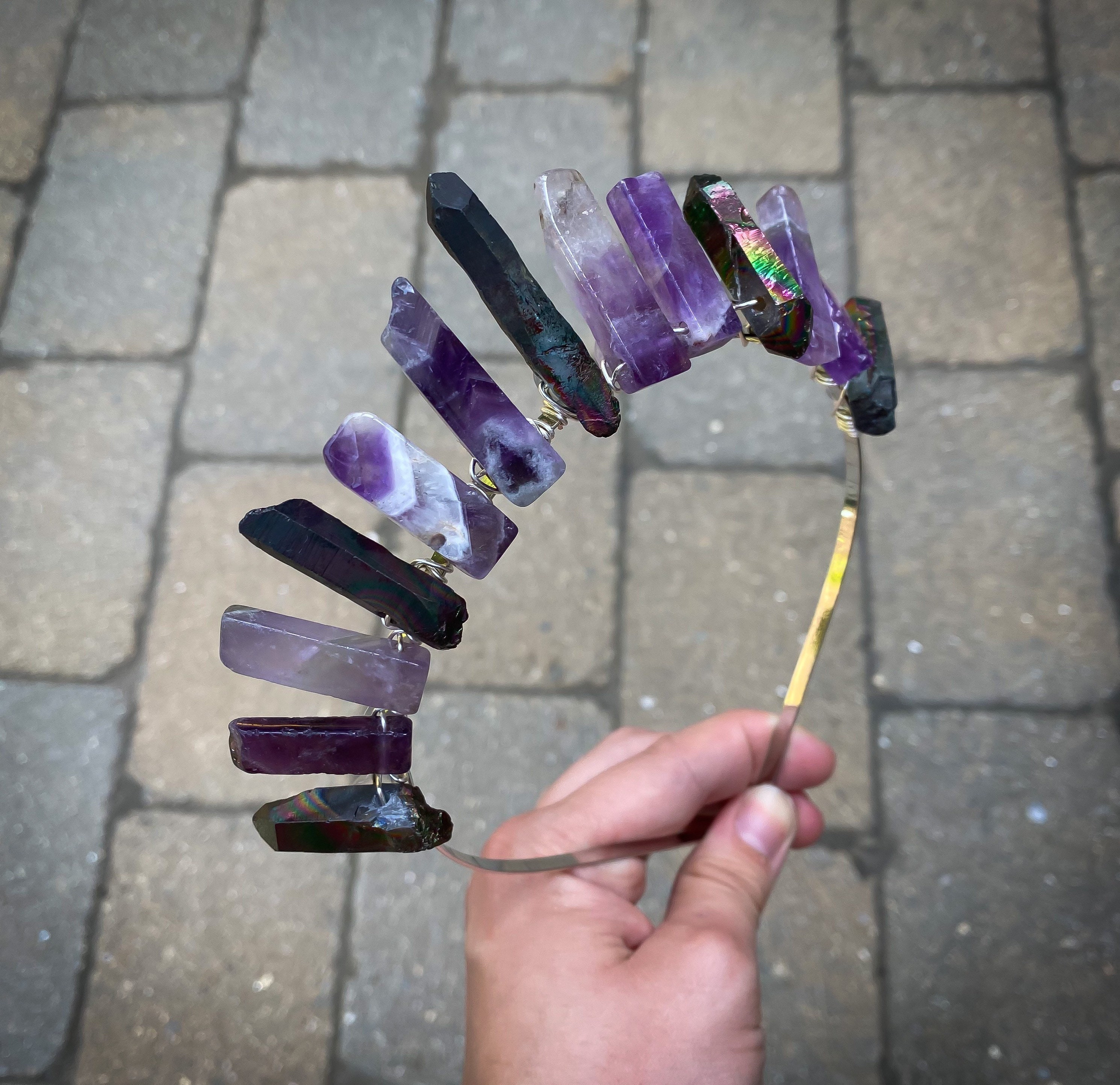 Amethyst and Black Quartz Crystal Tiara: Silver Headband  display picture 1
