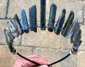 Labradorite Crystal Crown: Witch Headband, Cosplay Bridal Tiara