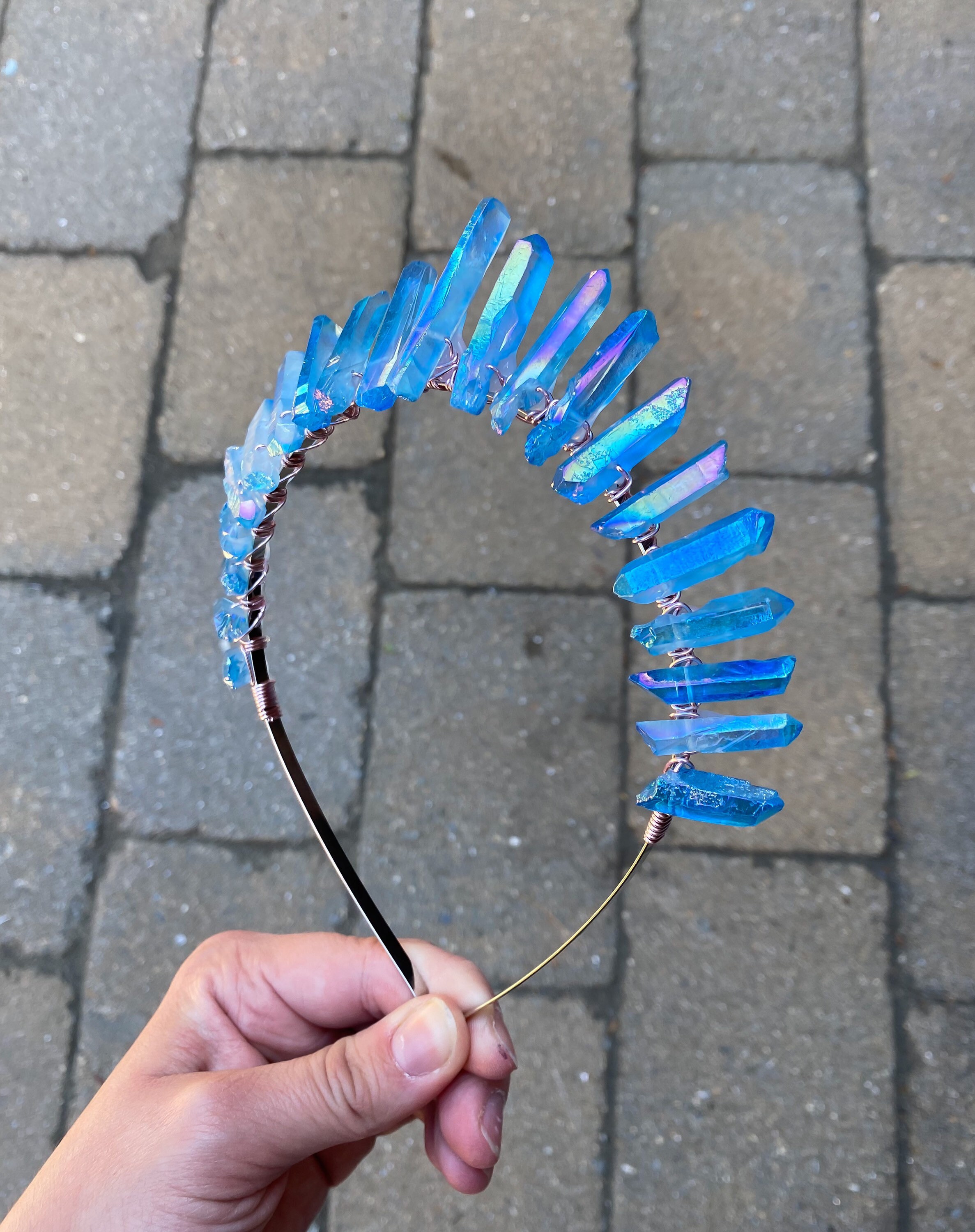 Handmade Blue Aura Quartz Crystal Crown-OS Blue Aura Quartz Crystal Point Tower Rainbow Blue Aura  main image 3