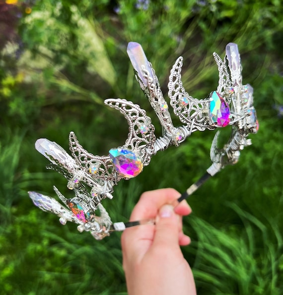 Silver Crescent Moon Tiara:angel Aura Quartz Crystal Crown  display picture 1