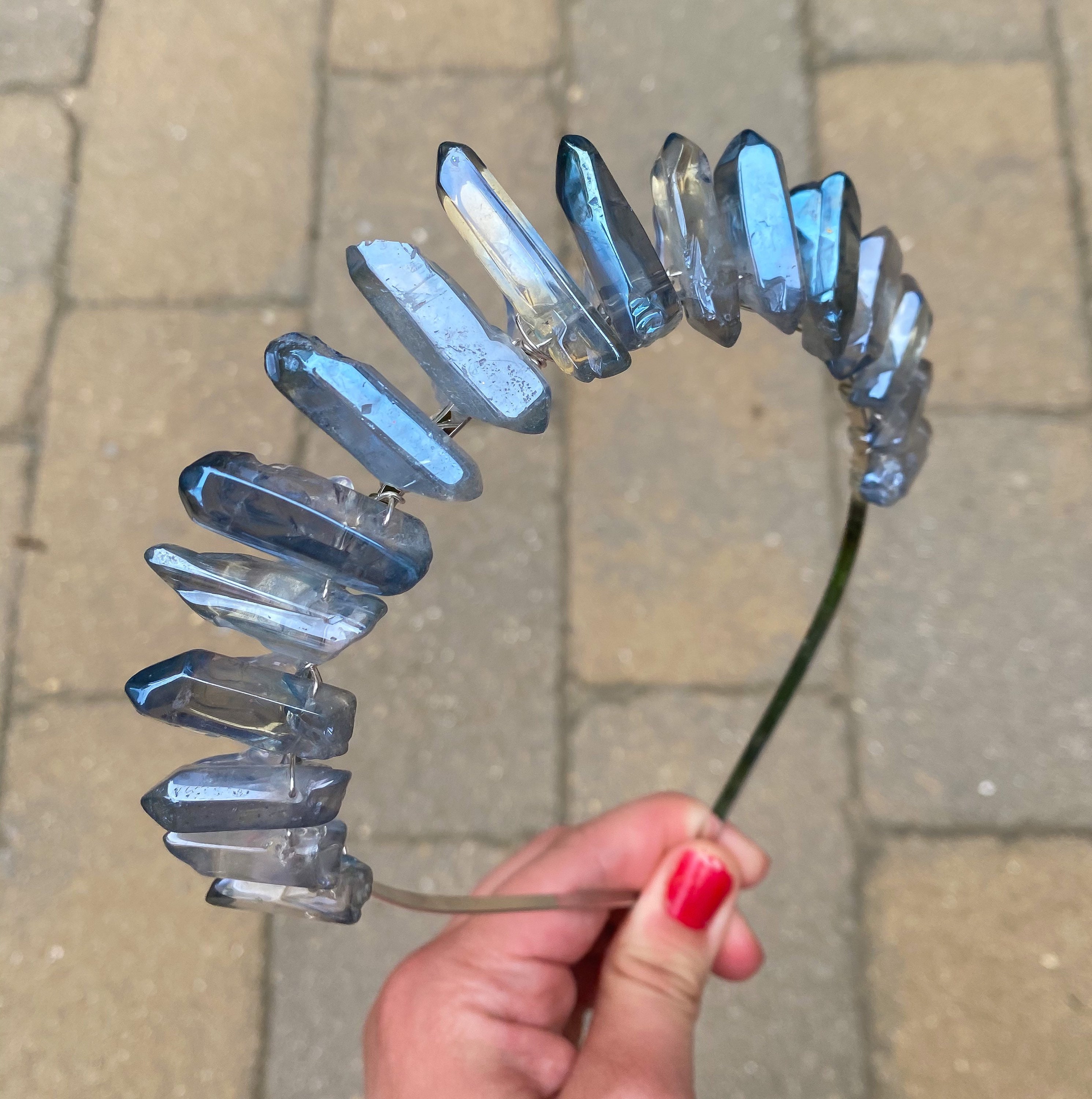 Blue Aura Quartz Crystal Crown: Witch, Bridal, Boho Headband  display picture 2