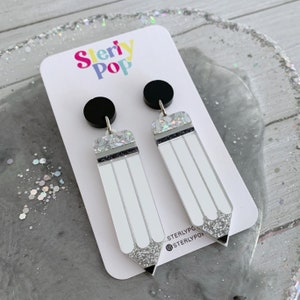 Silver Pencil Layered Acrylic Earrings Dangles Teacher School