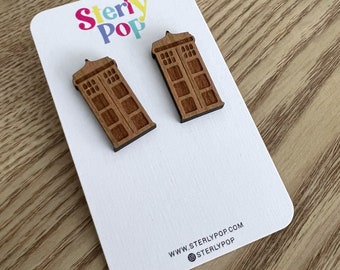 Police Box Stud Bamboo Wood Earrings