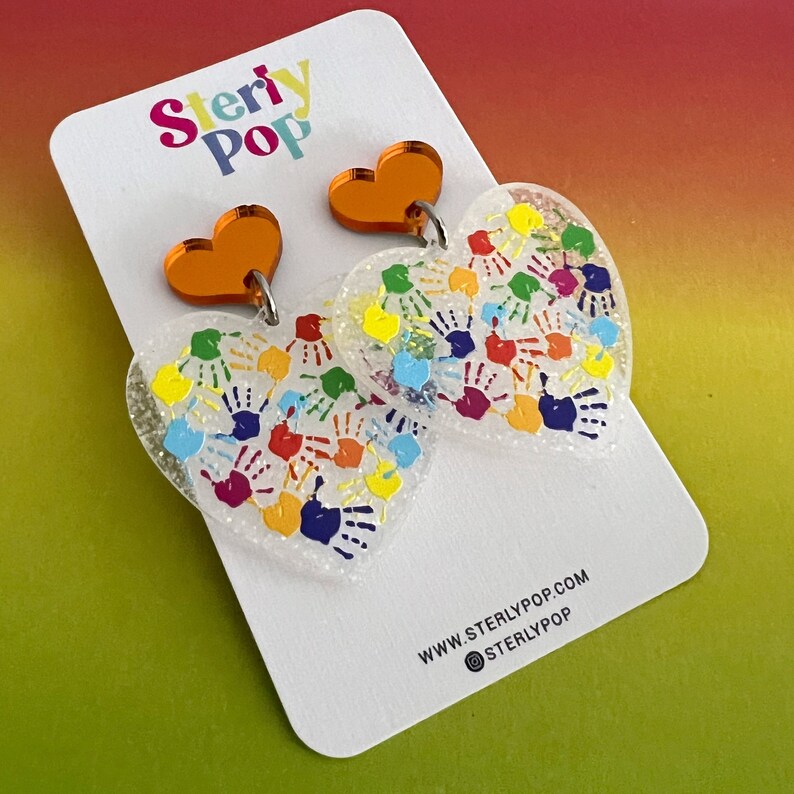 Harmony Day Heart Hands Printed Acrylic Dangle Earrings image 1