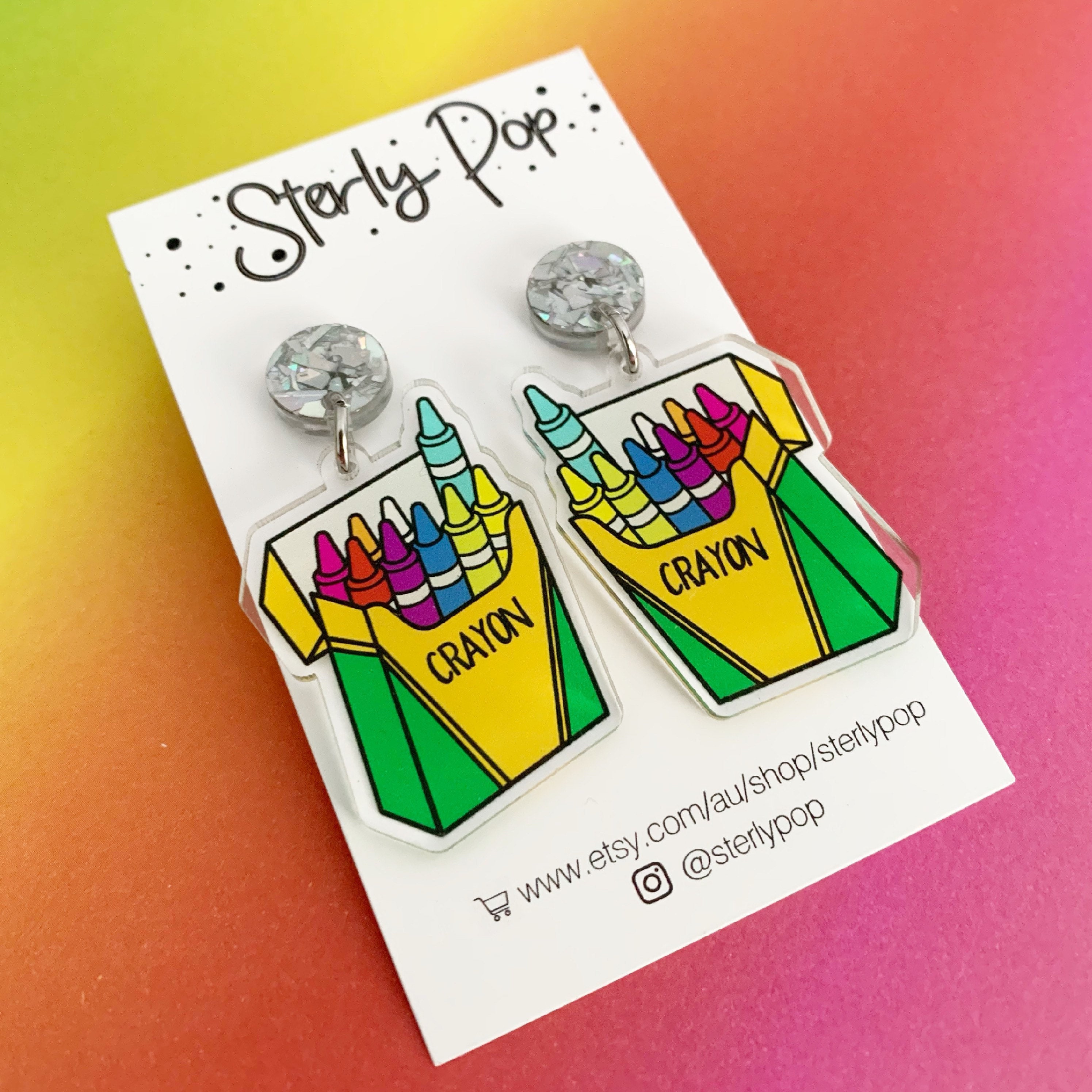 Crayon Box Printed Acrylic Dangles Earrings