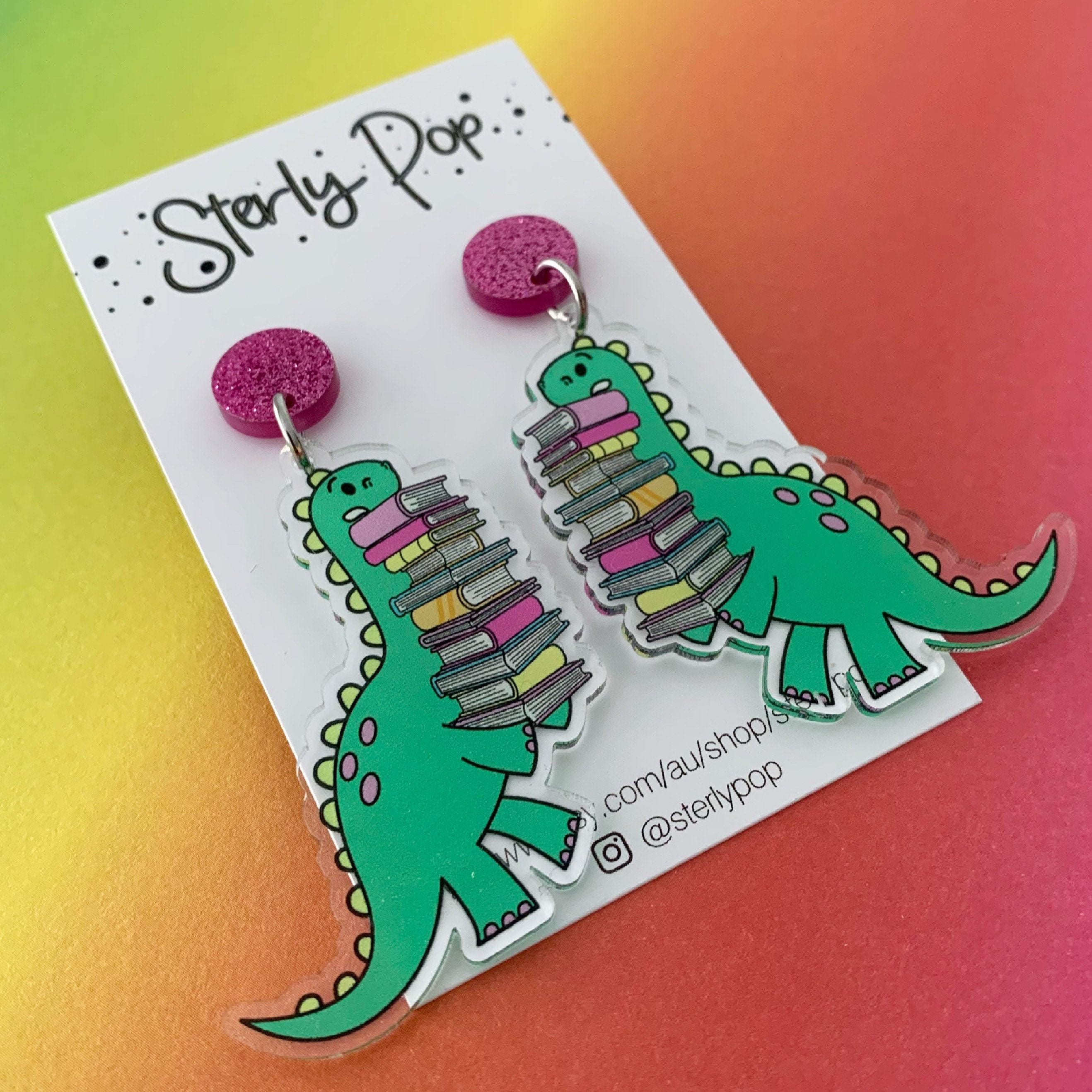 Dinosaur Book Stack Printed Acrylic Dangle Earrings