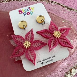 Pink and White Poinsettia Christmas Flower Decoration Layered Acrylic Earrings Dangles