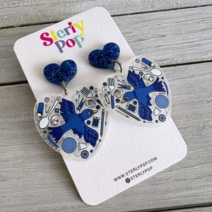 PRE-ORDER Bowerbird Blue Heart Collection Printed Acrylic Earrings