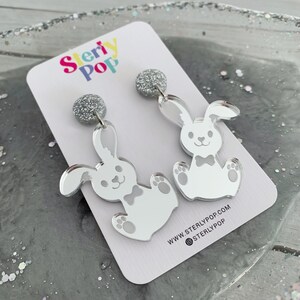 Silver Bow Tie Bunny Easter Etched Acrylic Dangle Earrings