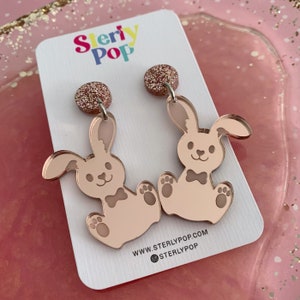 Rose Gold Bow Tie Bunny Easter Etched Acrylic Dangle Earrings