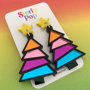 Rainbow Mirror Layered Christmas Tree Acrylic Earrings Dangles