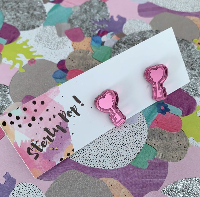 Love Key Pink Mirror Acrylic Stud Earrings