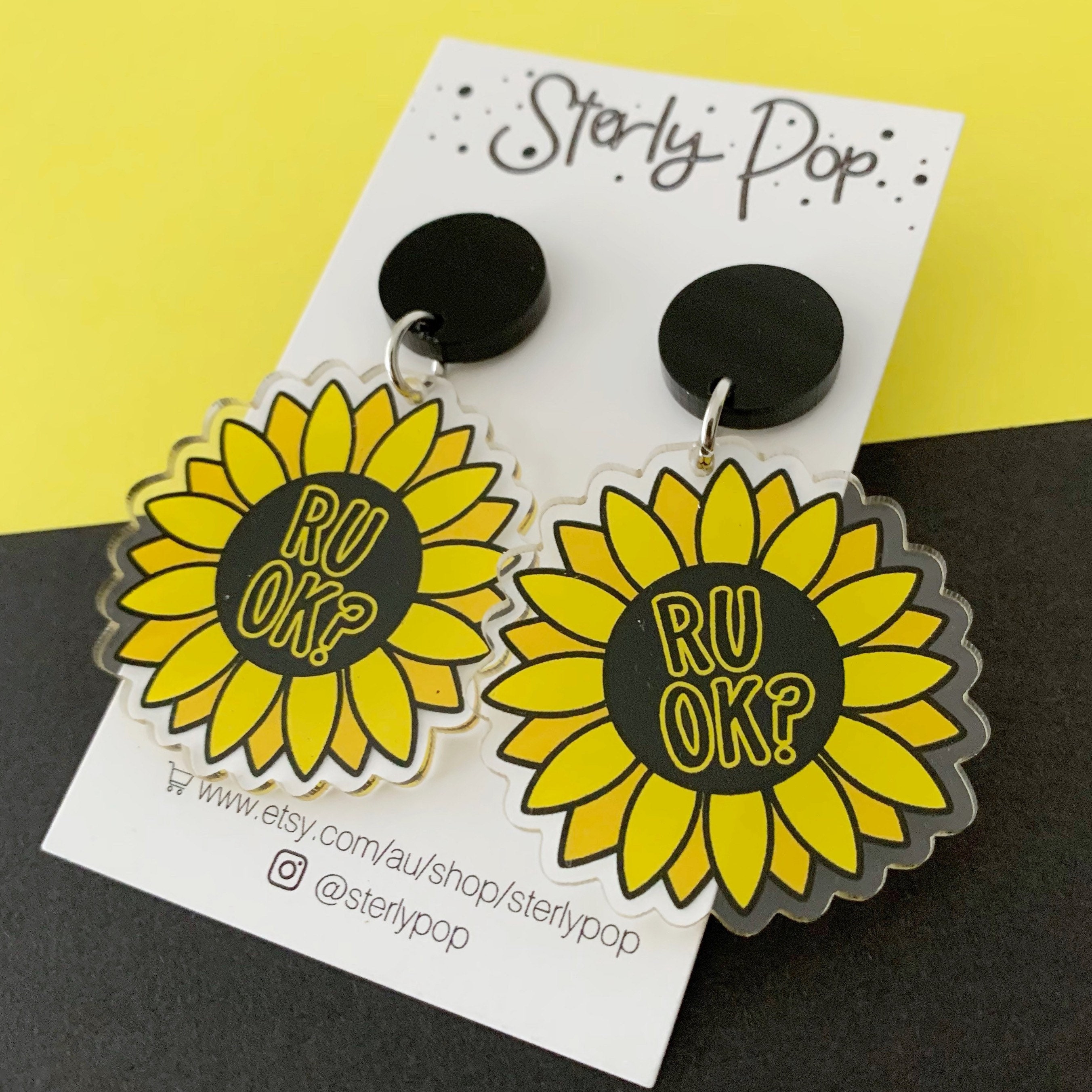 RUOK? Day Sunflower Printed Acrylic Dangles Earrings