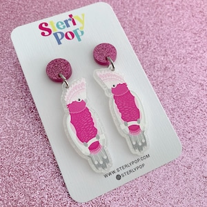 Pink and Grey Galah Georgina Printed Acrylic Earrings Australia Cockatoo