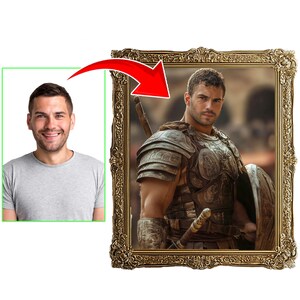 May include: A framed portrait of a man in ancient Roman armor, with a sword and shield. The frame is ornate with a gold finish. A separate image of a smiling man in a gray t-shirt is shown with a green border and a red arrow pointing to the portrait.