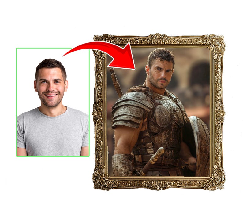 May include: A framed portrait of a man in ancient Roman armor, with a sword and shield. The frame is ornate with a gold finish. A separate image of a smiling man in a gray t-shirt is shown with a green border and a red arrow pointing to the portrait.