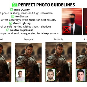 May include: Image with text: "PERFECT PHOTO GUIDELINES" with checkmarks next to "High Quality", "No Glasses", "Good Lighting", and "Neutral Expression". Examples of good and bad photos are shown.