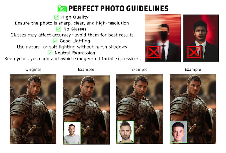 May include: Image with text: "PERFECT PHOTO GUIDELINES" with checkmarks next to "High Quality", "No Glasses", "Good Lighting", and "Neutral Expression". Examples of good and bad photos are shown.
