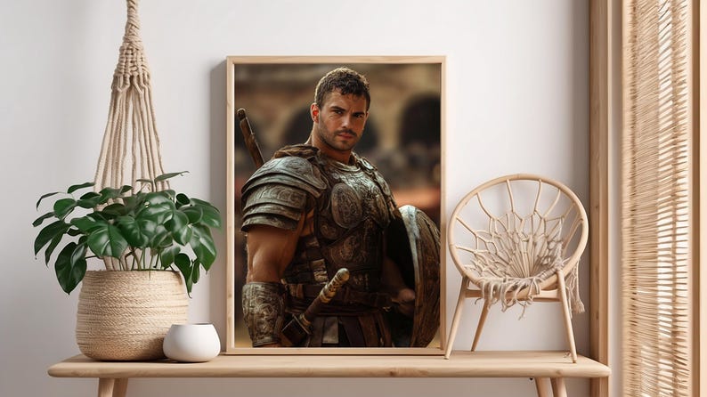 May include: A framed print of a man in ancient Roman armor, holding a shield and sword. The artwork is displayed on a wooden table, alongside a potted plant in a woven basket and a small white ceramic pot. A macrame plant hanger and a woven chair are also visible.