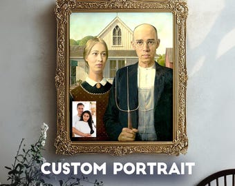 May include: A custom portrait painting in the style of the famous American Gothic painting. The painting features a couple in a traditional setting, with a house and a field in the background. The painting is framed in a gold frame.