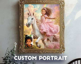 Custom Girl and Unicorn Portrait from Photo, Personalized Fantasy Art, Girls Room Decor