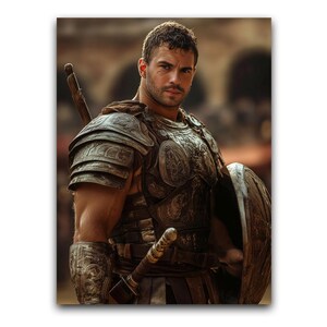 May include: A portrait of a man in ancient Roman armor, including a breastplate, shoulder guards, and arm guards. He holds a sword and a shield. The armor is detailed with embossed designs. The background is blurred, suggesting an outdoor setting.
