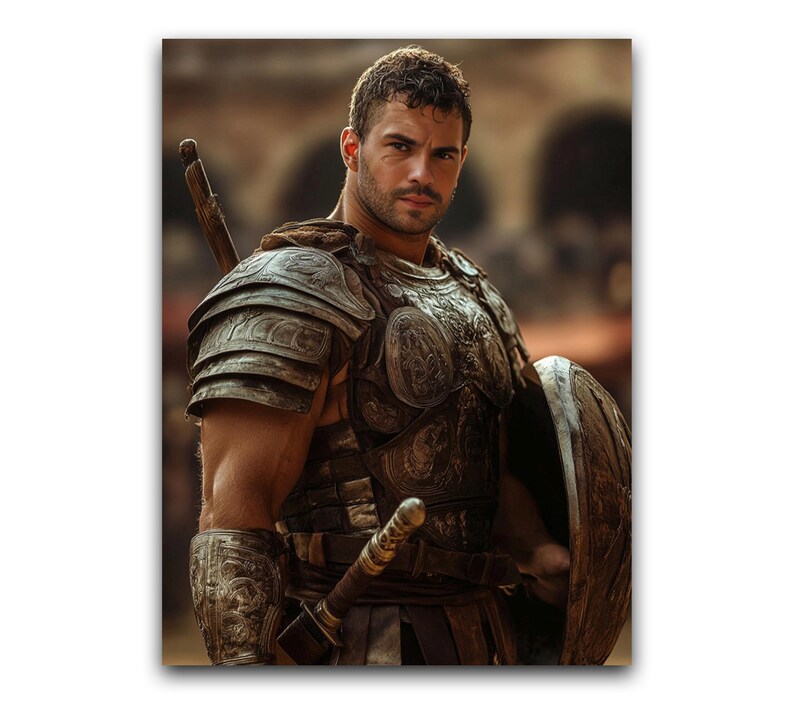 May include: A portrait of a man in ancient Roman armor, including a breastplate, shoulder guards, and arm guards. He holds a sword and a shield. The armor is detailed with embossed designs. The background is blurred, suggesting an outdoor setting.