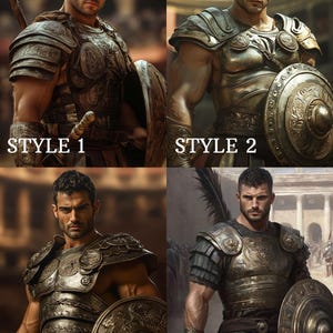 May include: Four images of a man in Roman armor, each labeled with a style number. The armor is metallic, with a shield and sword. The background is blurred, suggesting a historical setting.