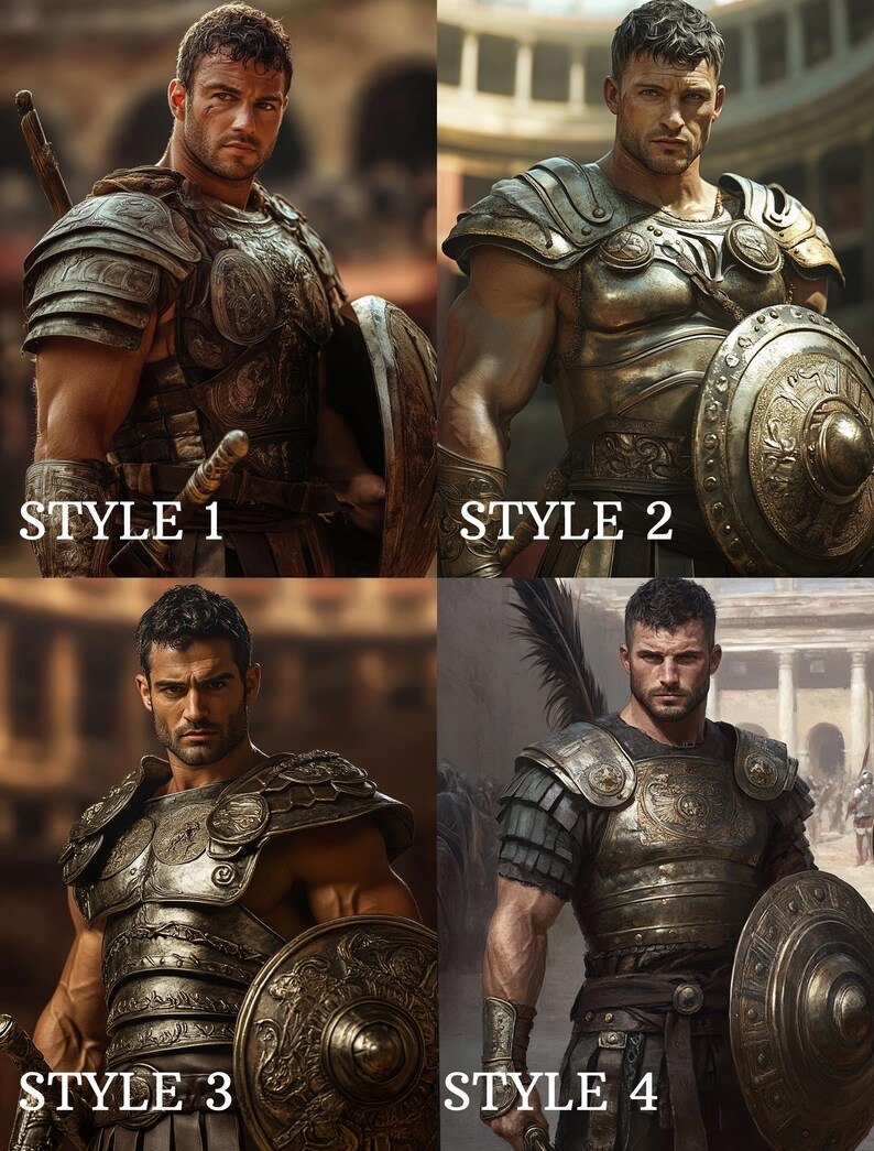 May include: Four images of a man in Roman armor, each labeled with a style number. The armor is metallic, with a shield and sword. The background is blurred, suggesting a historical setting.
