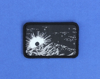 Eclipse Hook and Loop Patch - Wanderlust Mountain Landscape Black and White Night Celestial Morale Patch