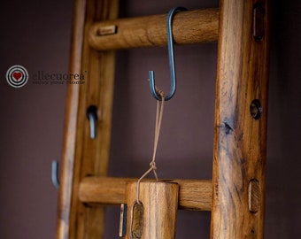 Solid wood ladder in chest nut wood with "Vintage" finish - (Two holes & hooks on request)