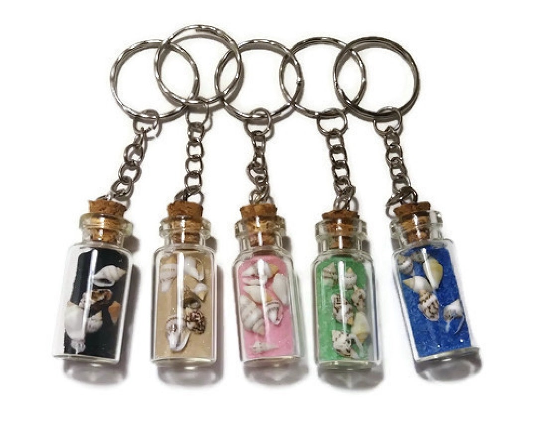Mini Beach in a Bottle Keychain With Real Sea Shells Colored Sand