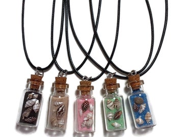 Mini Beach in a Bottle Necklace Pendant with Real Sea Shells Colored Sand Novelty Gift