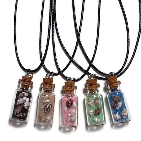 Mini Beach in a Bottle Necklace Pendant with Real Sea Shells Colored Sand Novelty Gift