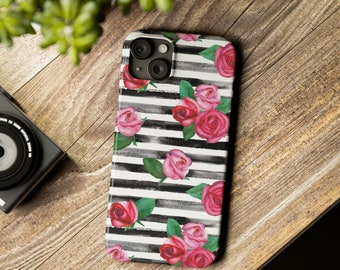 Trendy Black Striped iPhone Case with Pink Roses, Pink Roses and Black Stripes iPhone Case,  Chic Pink Roses, red rose cell phone case