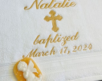 Towel & Soap Set for Christening - GOLD Personalized Embroidery on Baptism Towel and Handmade Angel Soap - Baptism keepsake - Religious gift