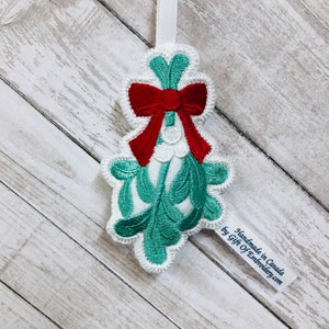 Mistletoe Holiday Ornament: Personalized Embroidered Decoration, &#39;Kiss me under mistletoe&#39;
