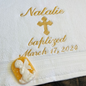 Towel & Soap Set for Christening - GOLD Personalized Embroidery on Baptism Towel and Handmade Angel Soap - Baptism keepsake - Religious gift