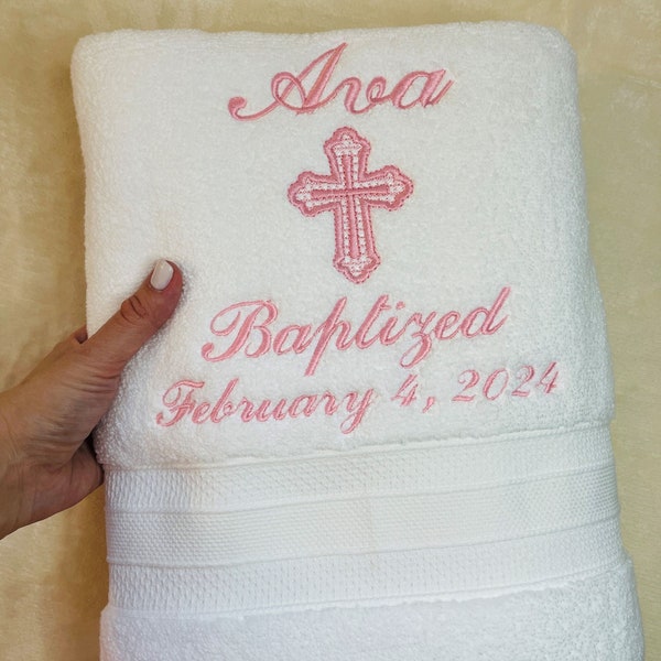 Personalized Baptism Towel - Baby Pink Embroidery God Bless name and date - Baptism keepsake - Christening towel - Religious gift