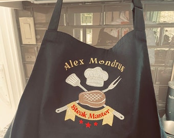 Chef's Custom Apron with Personalized Embroidery - Customizable BBQ Steak Master Apron with Name - Custom gift for him - Kitchen chef apron