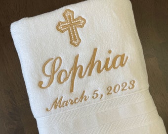 Personalized Baptism Towel - GOLD Embroidery on Christening Towel - Baptism keepsake - Personalized religious gift - Baby receiving towel